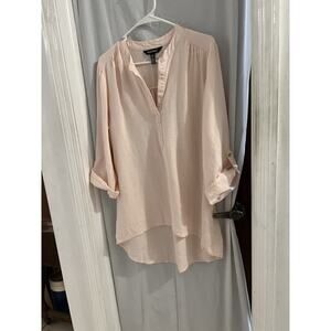 Ellen Tracy Pink Linen V Neck Tunic Top Sz L Roll Tab Sleeves Beach Resort